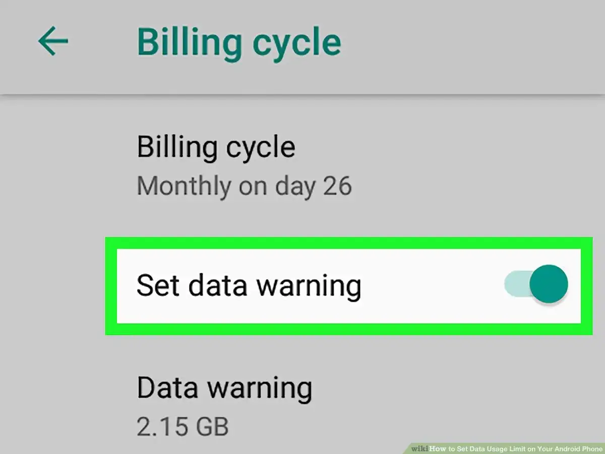 Ustaw ostrzeżenie o danych, aby kontrolować limit danych w telefonie. Cykl rozliczeniowy miesięczny.