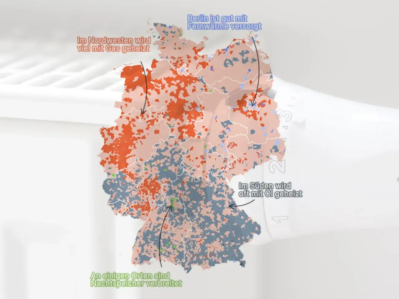 Karte Deutschlands zeigt Heizungsarten: Gas im Nordwesten, Öl im Süden, Fernwärme in Berlin. Das neue Heizungsgesetz betrifft diese Verteilung.