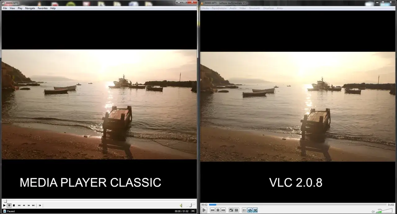 Two players, Media Player Classic and VLC 2.0.8, open .wmv files showing a serene beach scene at sunset with boats.