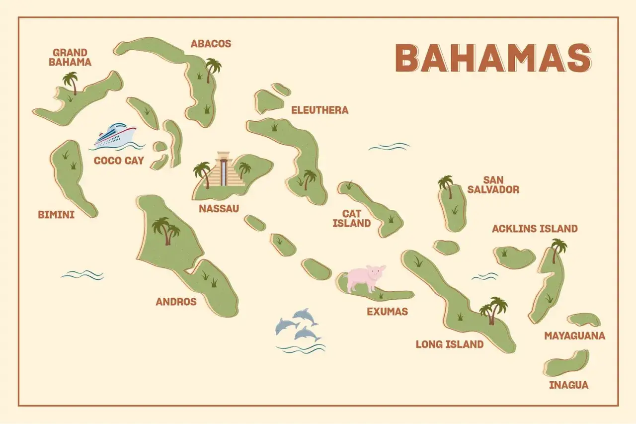 Kolorowa mapa Bahamów z zaznaczonymi wyspami, takimi jak Grand Bahama, Nassau, Exumas (z różową świnką!), i innymi.