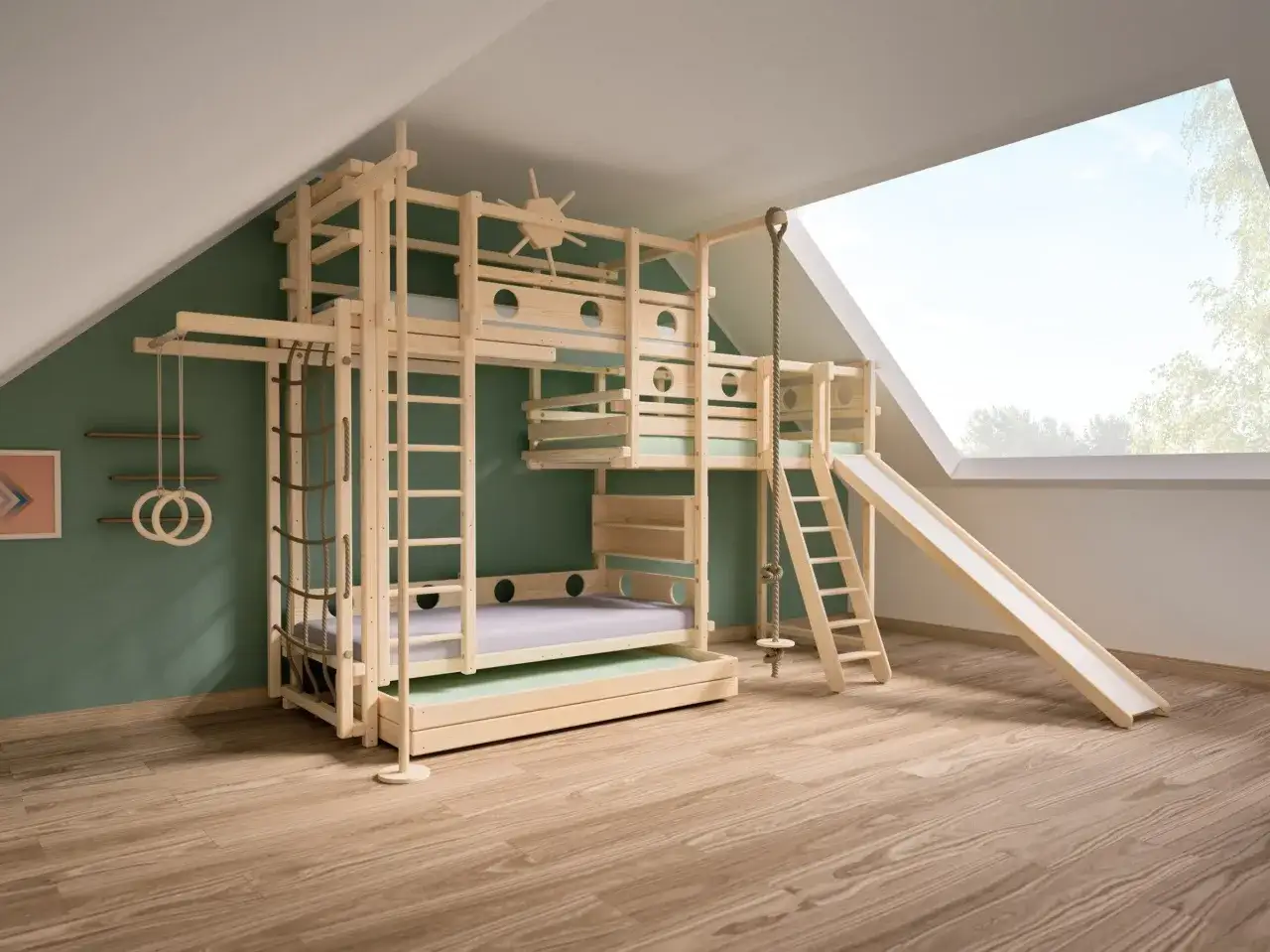 Ein Traum f&uuml;r jedes Kinderzimmer: Dieses Hochbett selber bauen ist ein Abenteuerparadies mit Rutsche, Kletterseil und Sprossenwand.