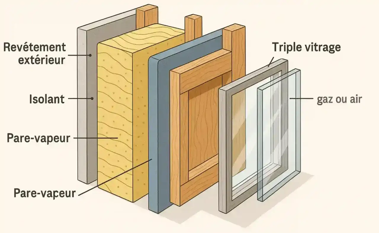 Coupe d'un mur de maison passive : revêtement extérieur, isolant, pare-vapeur, structure bois et triple vitrage.