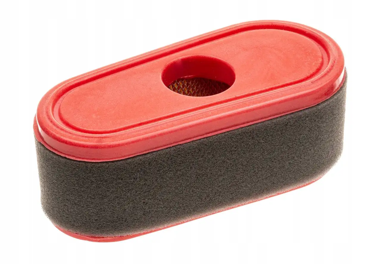 Nowy filtr powietrza do kosiarki, z czerwonym plastikiem i gąbką.