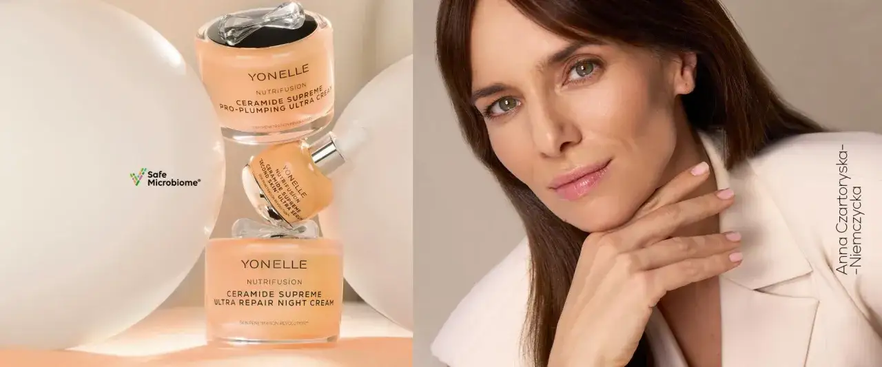 Kremy i serum marki YONELLE z serii Nutrifusion, z Anną Czartoryską-Niemczycką.