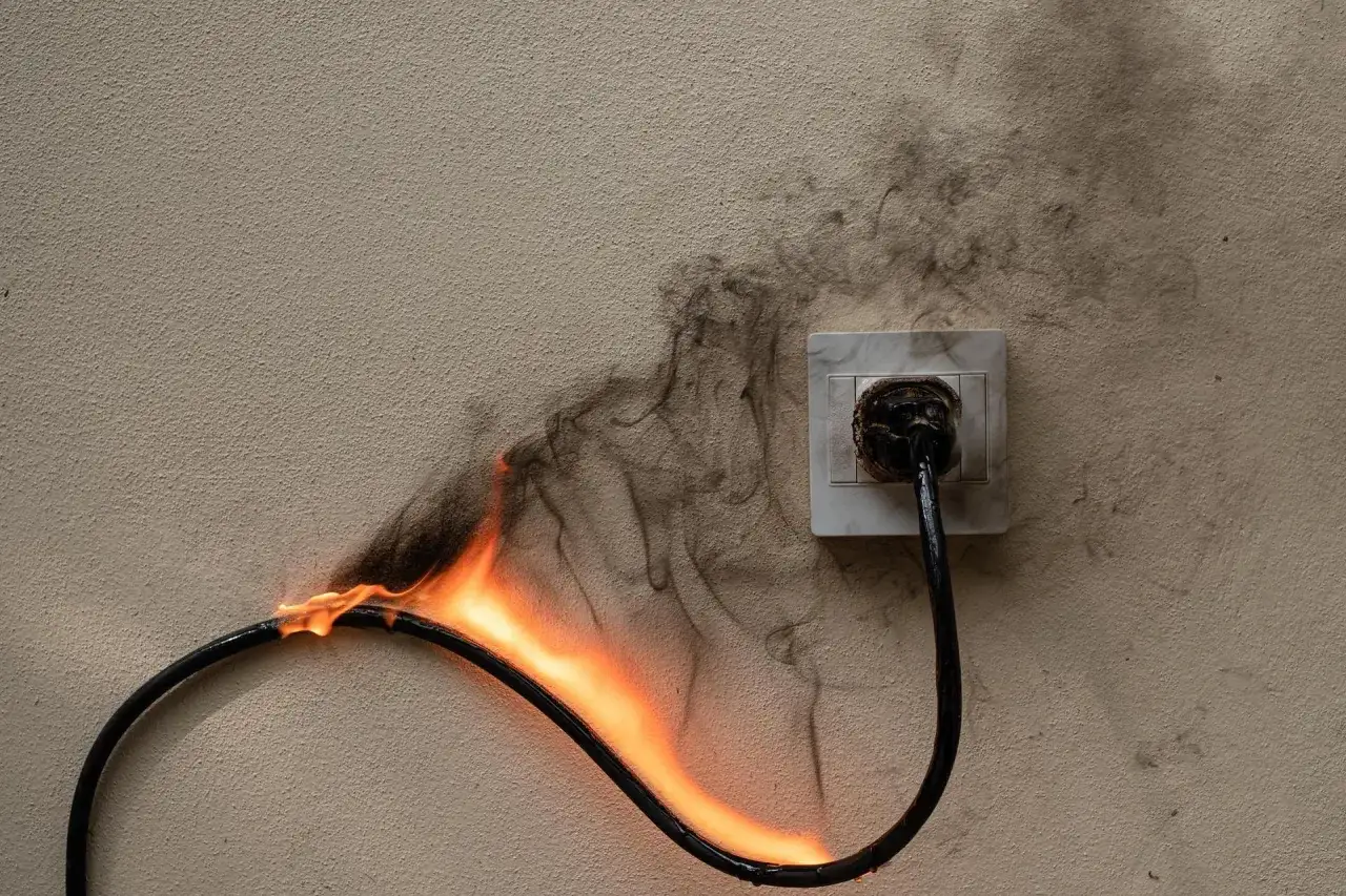 Płonący kabel w gniazdku elektrycznym, dym unosi się po ścianie. To niebezpieczne **przeciążenie** instalacji.
