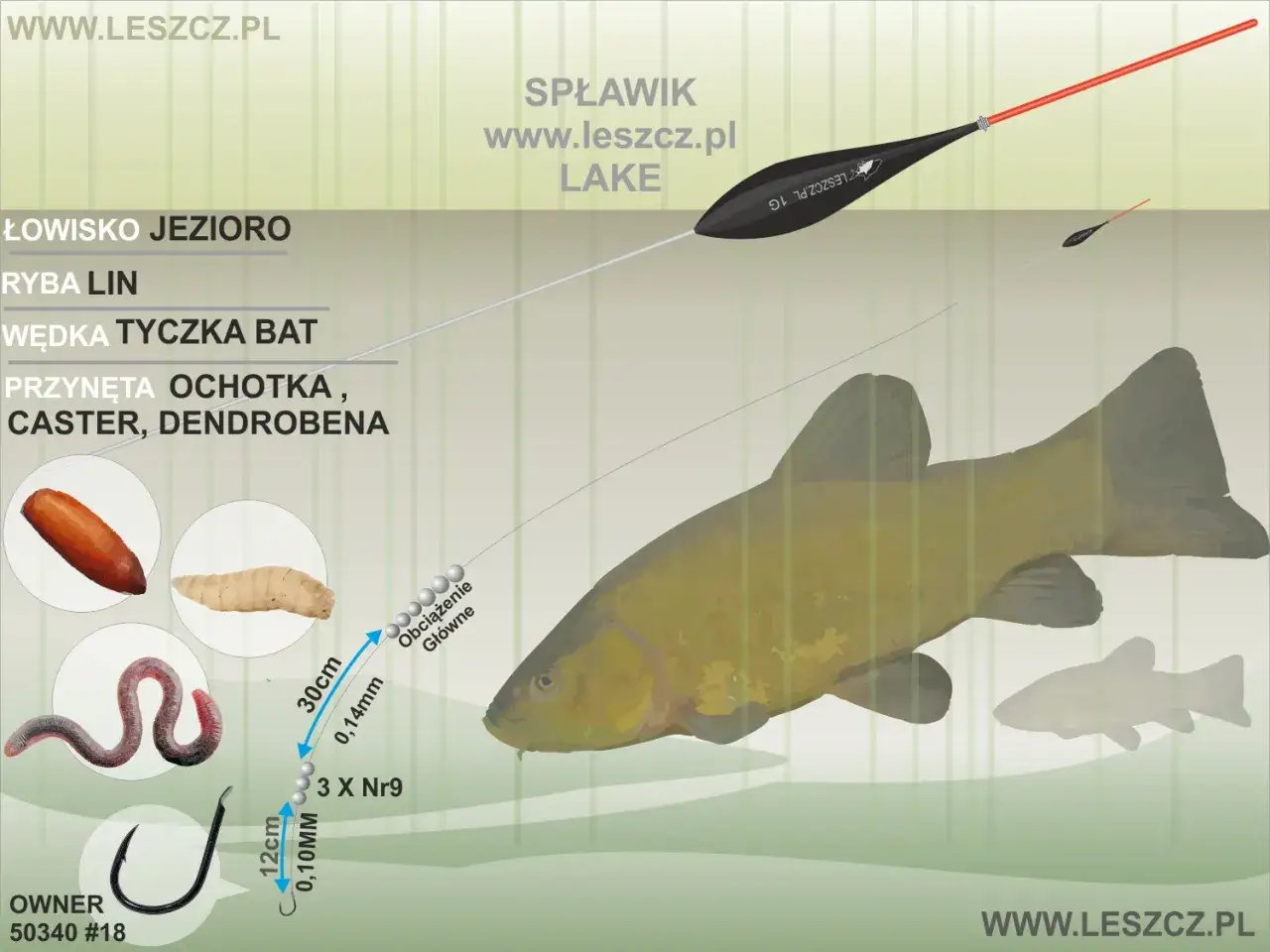 Zestaw gruntowy na lina: haczyk, ochotka, caster, dendrobena, żyłka, obciążenie i spławik. Idealny na jezioro.