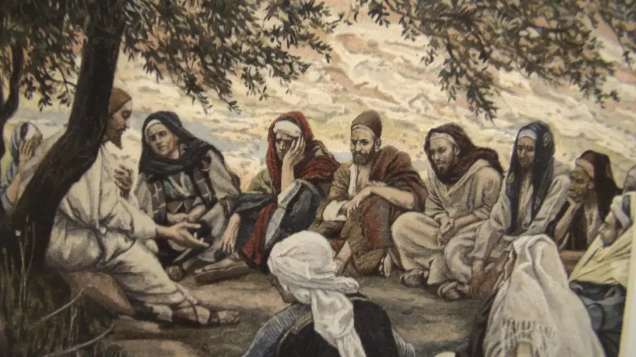 Jezus przemawia do uczniów pod drzewem. Wśród nich widać zamyślonych ludzi, jakby przypominając im, że pycha kroczy przed upadkiem.