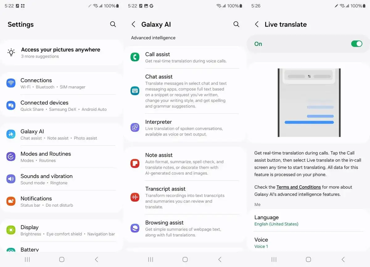 Paramètres du téléphone, section Galaxy AI. Pour désactiver Gemini, naviguez vers les options de traduction en direct.