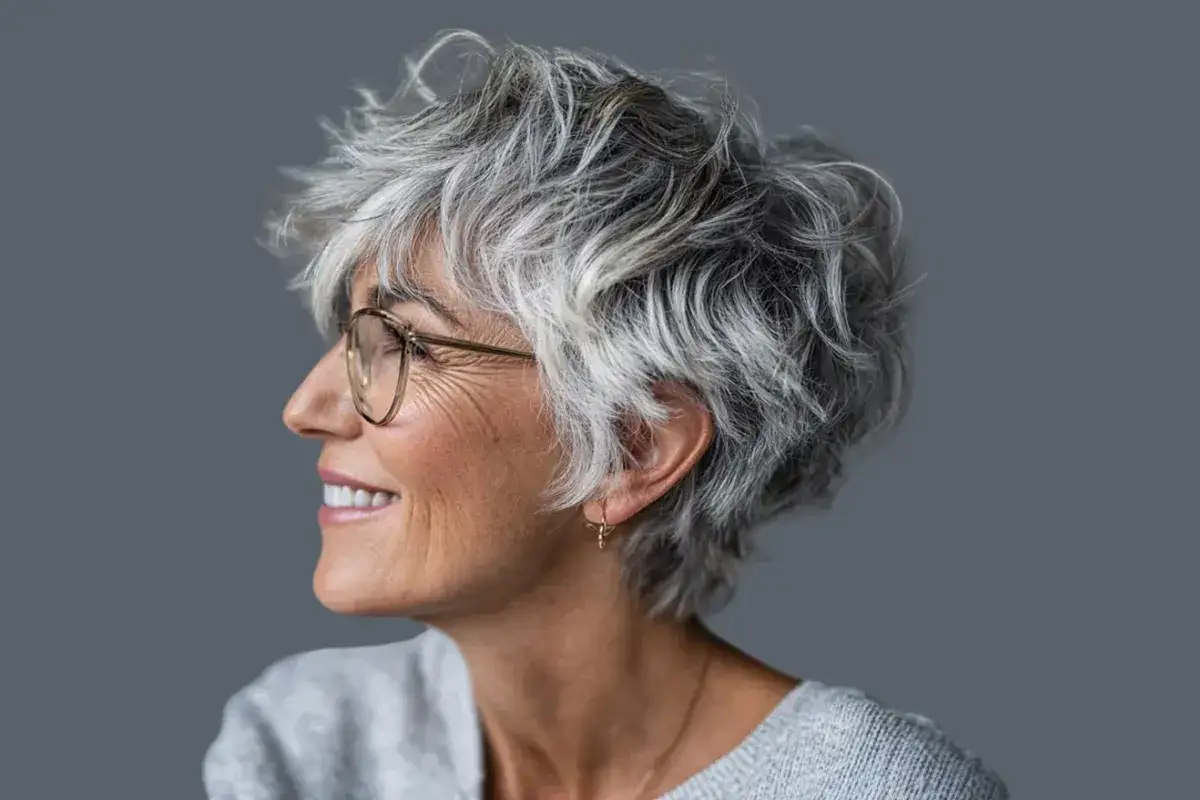 Donna sorridente con capelli grigi spettinati e occhiali. Un esempio di tagli capelli grigi moderni e pieni di stile.