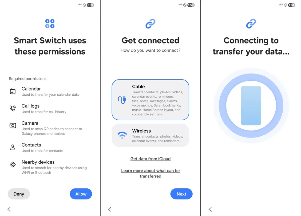 Jak skonfigurować telefon: Smart Switch prosi o uprawnienia do kalendarza, historii połączeń, aparatu i kontaktów. Wybierz połączenie kablem lub bezprzewodowo.