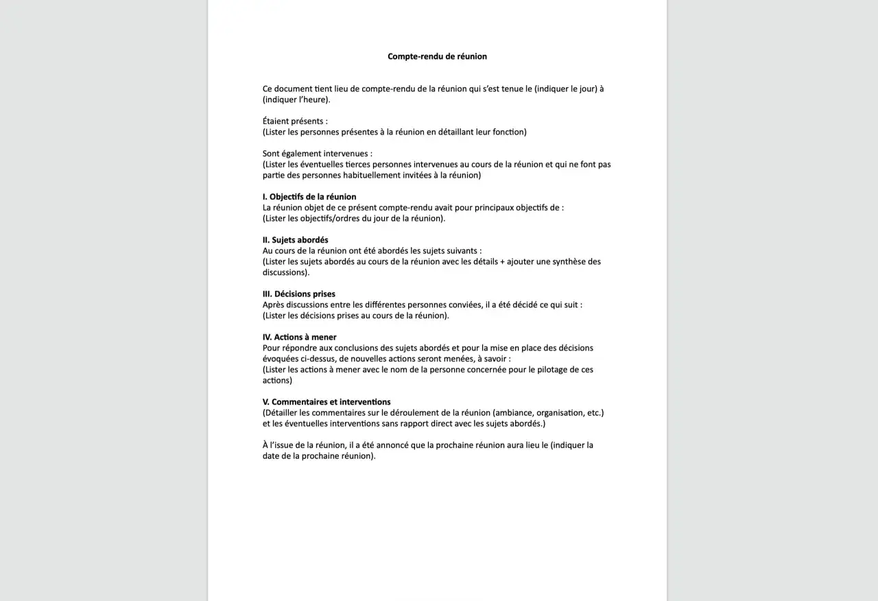 Modèle de compte rendu synthétique exemple, listant objectifs, sujets, décisions, actions et commentaires d'une réunion.