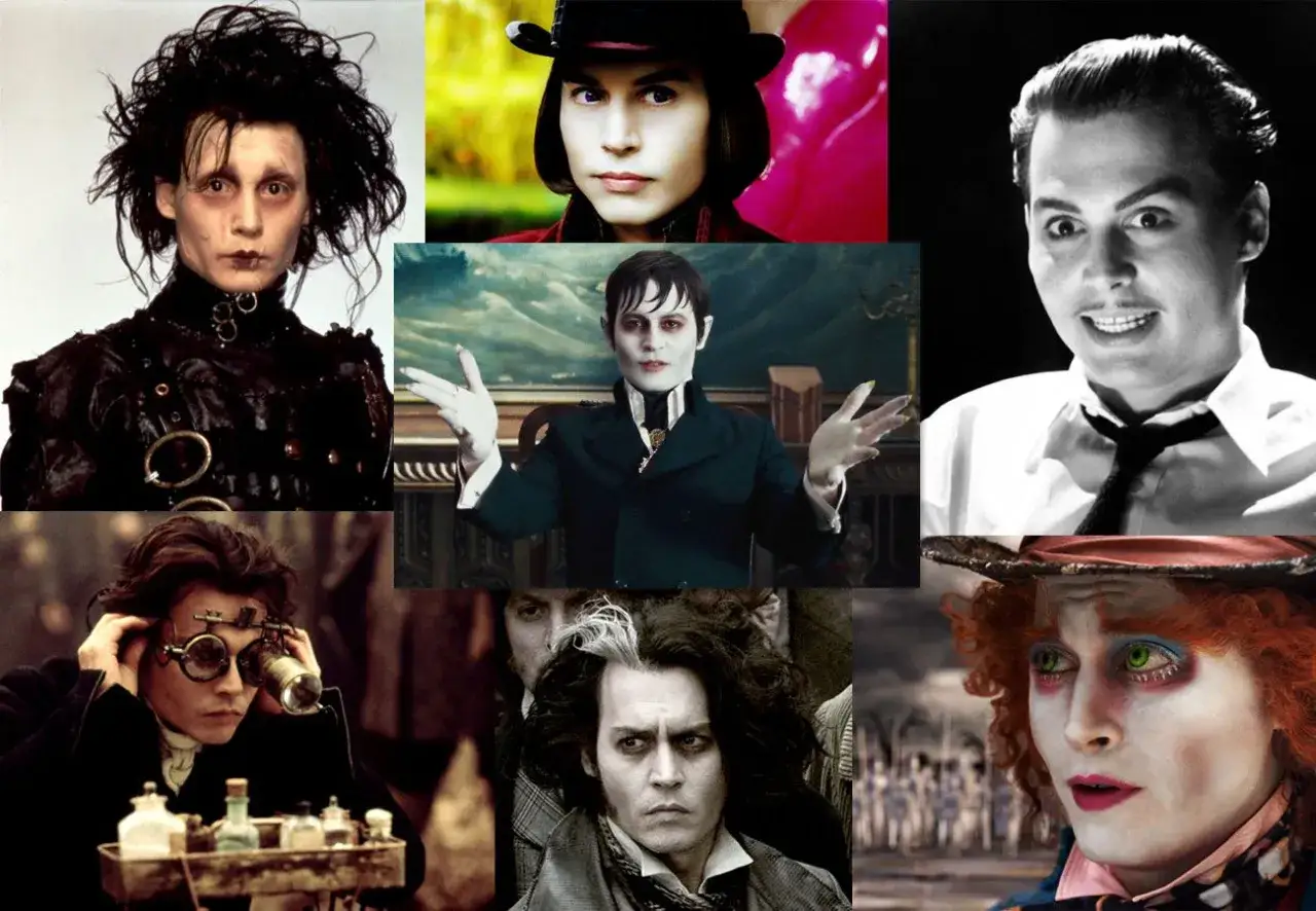 En collage med Johnny Depp i olika roller: Edward Scissorhands, Willy Wonka, Barnabas Collins, Mad Hatter och fler. En hyllning till hans filmer.
