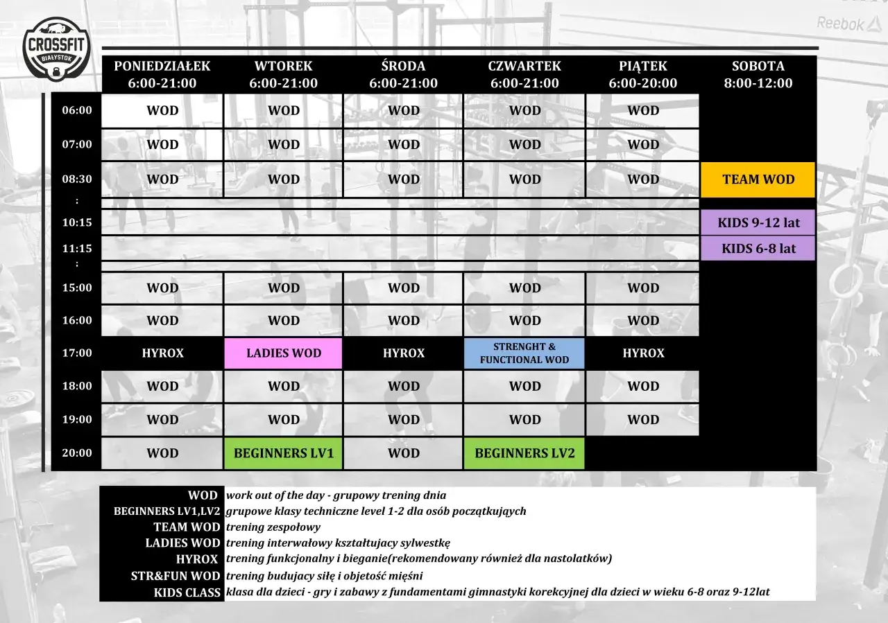 Grafik zajęć CrossFit: jak ułożyć trening crossfit. Tabela pokazuje godziny treningów WOD, Team WOD, Hyrox, Ladies WOD i zajęć dla dzieci.