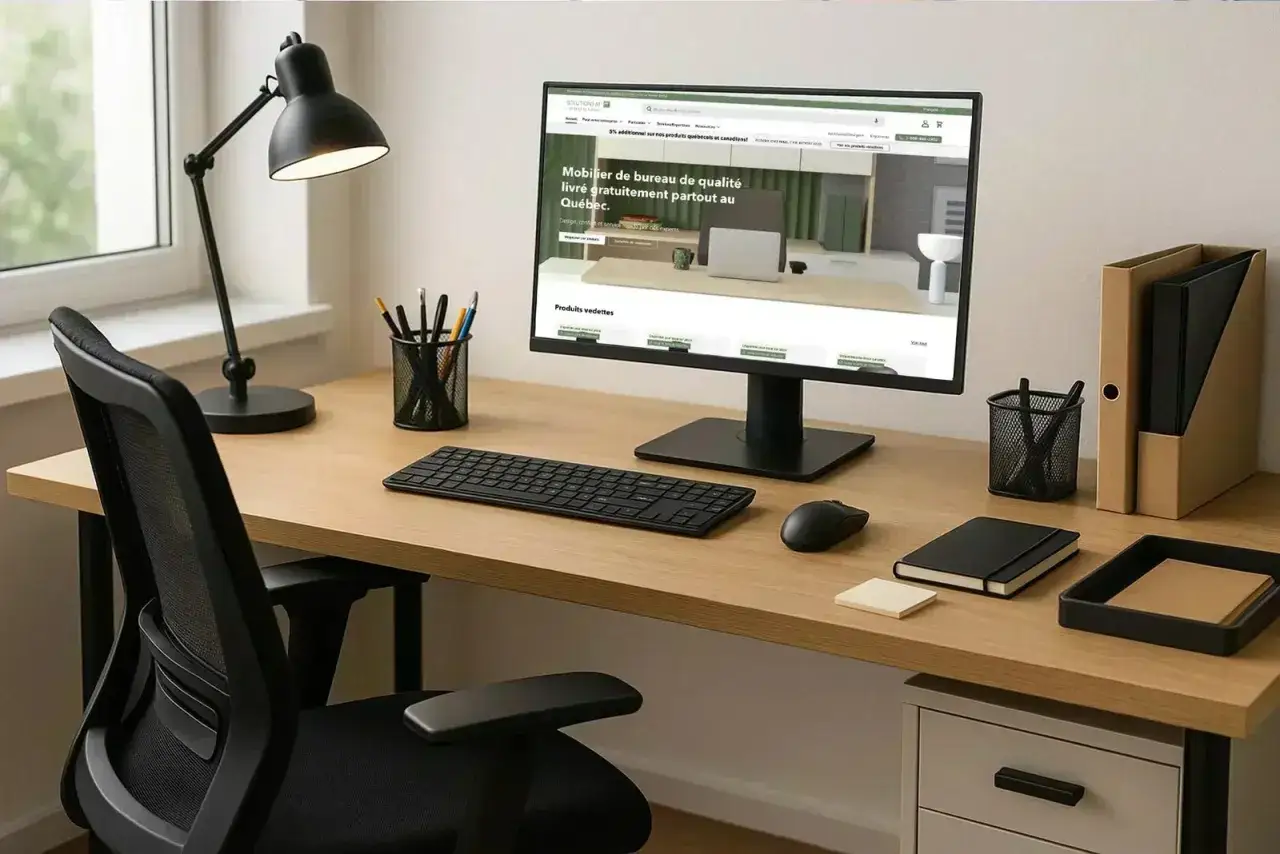 Bureau moderne avec chaise ergonomique, écran d'ordinateur affichant un site de mobilier, et accessoires pour un **confort au bureau** optimal.