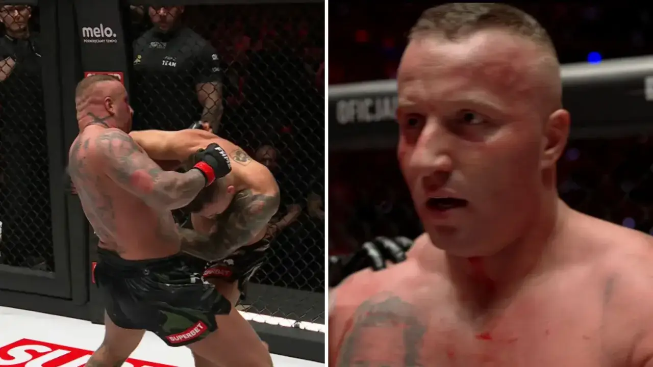 Denis Zalęcki w klatce, w trakcie walki MMA. Widać jego twarz z bliska, z zaczerwienioną skórą i śladami walki.