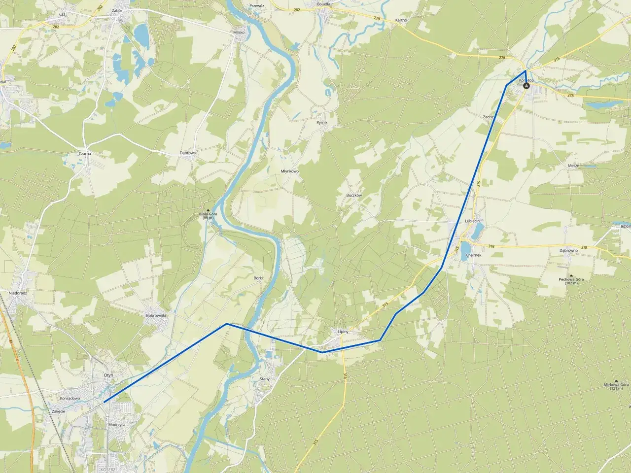 Mapa z zaznaczoną trasą rowerową przez malownicze tereny Lubuskiego. Odkryj najpiękniejsze trasy rowerowe lubuskie!