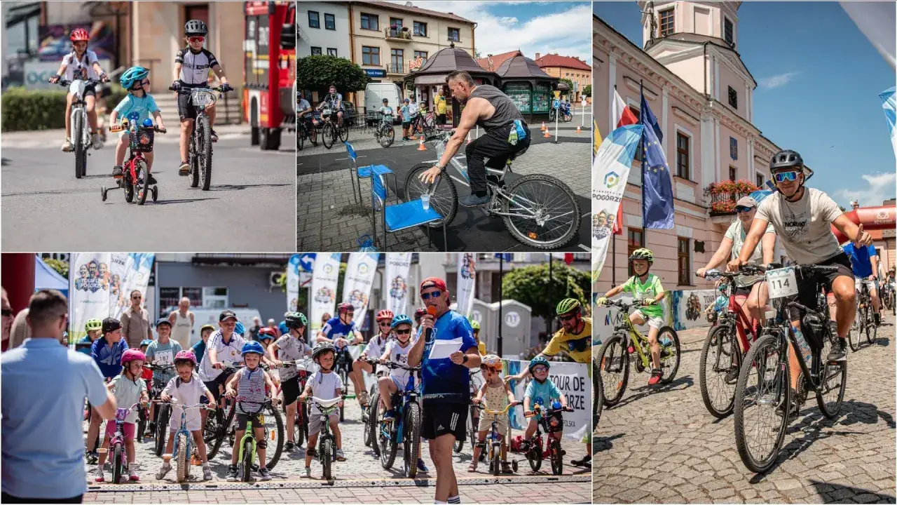 Dzieci i dorośli na rowerach podczas wydarzenia sportowego. Wiele tras rowerowych w Tarnowie i okolicach zachęca do aktywnego spędzania czasu.
