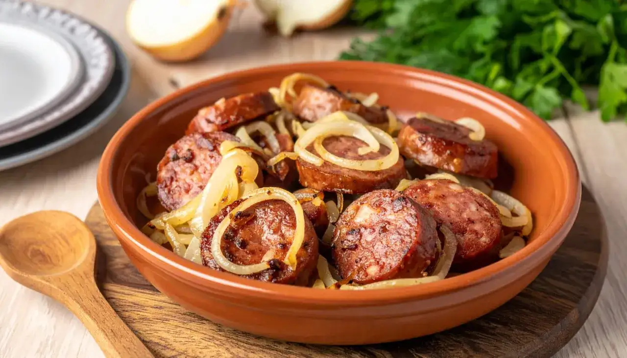 Pyszna kiełbasa z airfryer, podana z duszonymi cebulkami w glinianej misce. Idealna na szybki obiad.