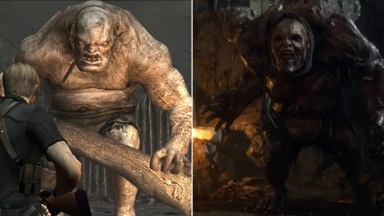 Leon S. Kennedy mierzy się z potężnym przeciwnikiem w nowym Resident Evil. Po prawej stronie przerażający potwór z sznurem na szyi.