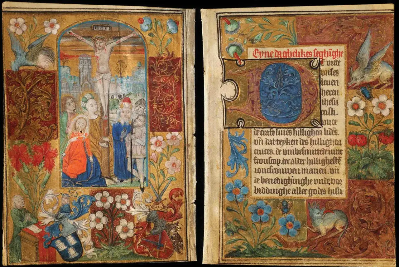 Illuminated manuscript pages depict the Crucifixion and text, surrounded by floral borders and mythical creatures. These divine hours offer a glimpse into medieval devotion.