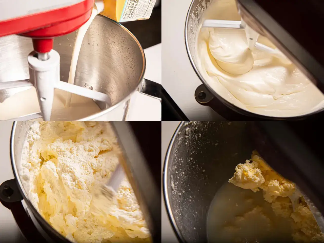 Vier Bilder zeigen den Prozess, wie man Butter selber machen kann: Sahne wird in einer Küchenmaschine geschlagen, bis sie cremig wird, dann fester und schließlich trennt sie sich in Butter und Buttermilch.