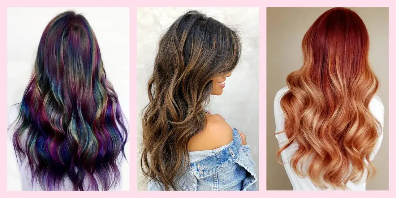 Tre acconciature con capelli con sfumatura: arcobaleno, castano e rosso fuoco.