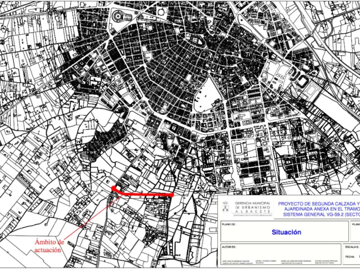 Plano de situaci&oacute;n de un proyecto de urbanismo en Albacete, se&ntilde;alando el &aacute;mbito de actuaci&oacute;n y la posible aplicaci&oacute;n de la ley de expropiaci&oacute;n forzosa.