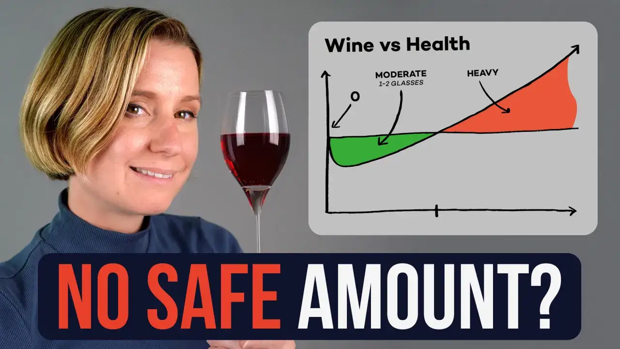 Une femme tient un verre de vin rouge. Un graphique montre que même un verre de vin par jour peut avoir des effets négatifs sur la santé.