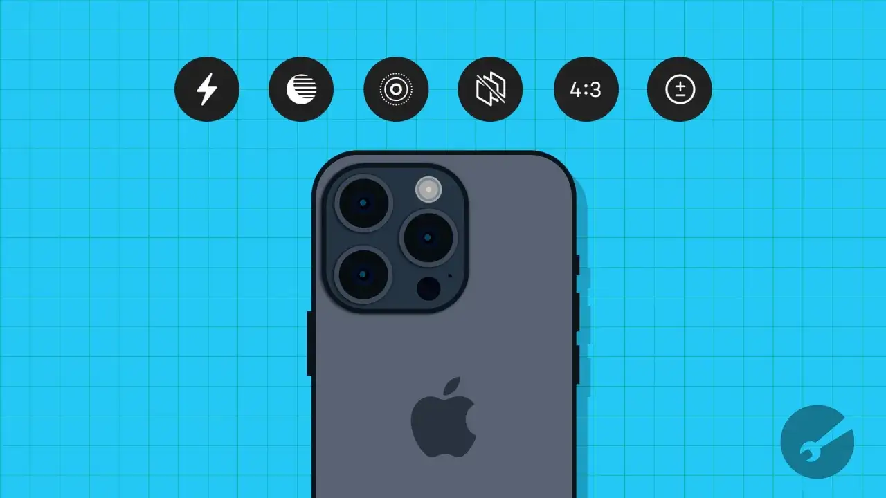 En gr&aring; iPhone med tre linser och en blixt. Ovanf&ouml;r syns ikoner f&ouml;r fotol&auml;gen, inklusive en live photo-ikon.