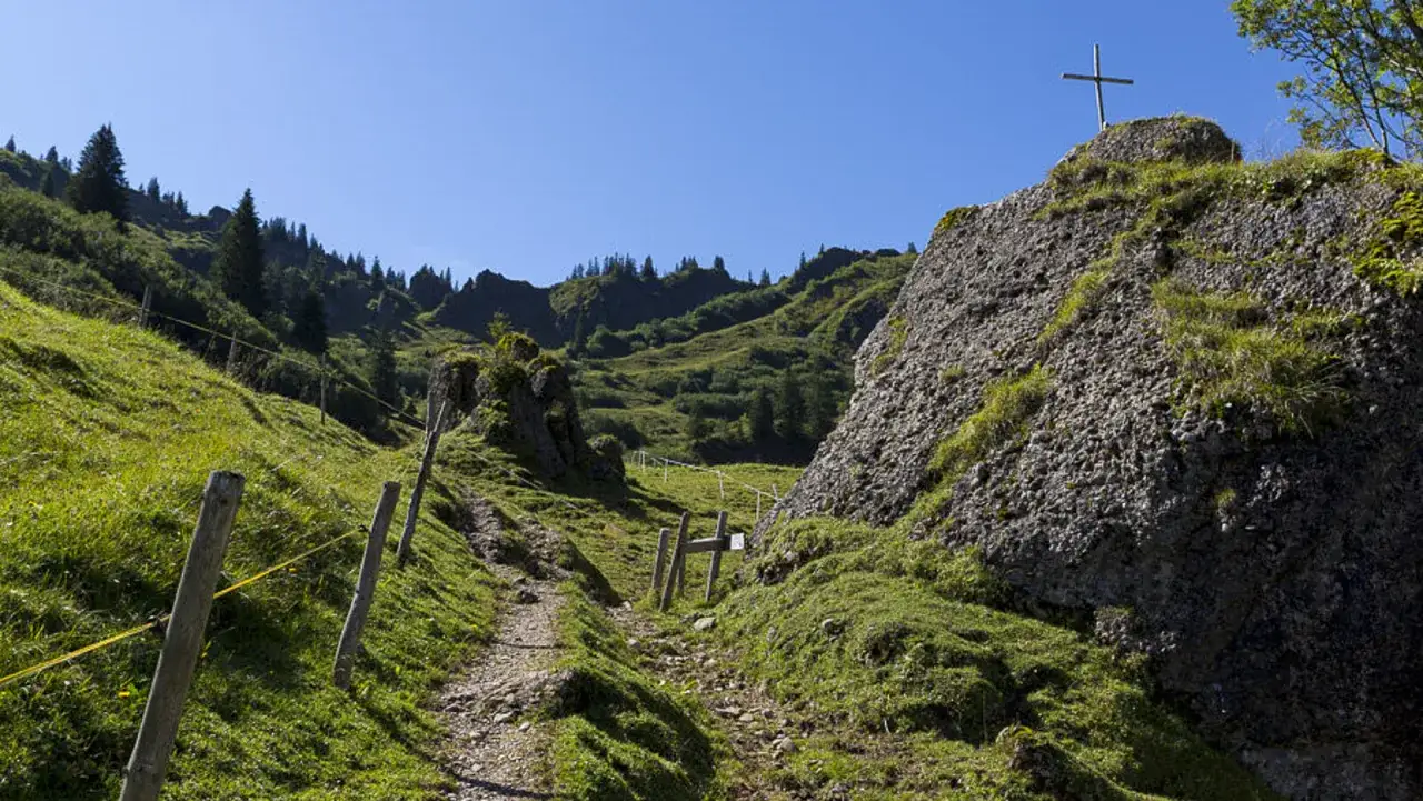 Ein steiler Bergpfad f&uuml;hrt zum Gipfelkreuz auf dem Siplinger Kopf. Gr&uuml;ne H&auml;nge, Felsen und B&auml;ume s&auml;umen den Weg.