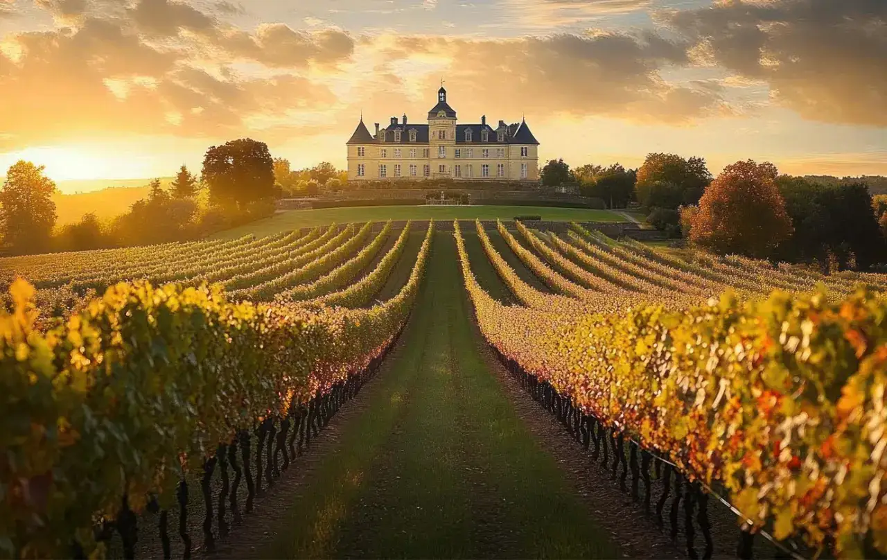 Sonnenuntergang über dem Chateau de Pressac, dessen Weinberge in goldenem Licht erstrahlen.