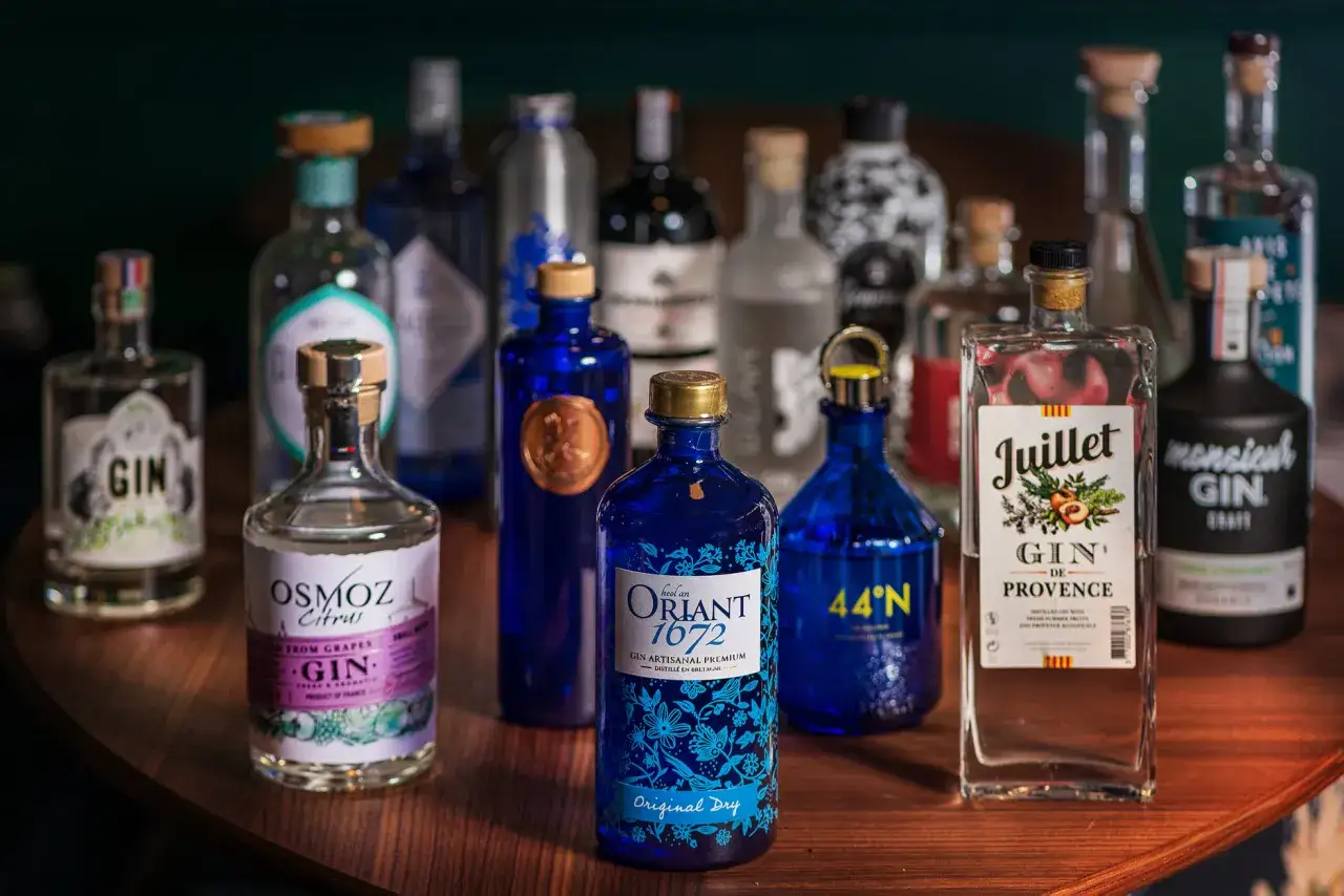 Collection de bouteilles de gin, certaines bleues, d'autres transparentes, mettant en avant divers gin ingr&eacute;dients et leurs &eacute;tiquettes.
