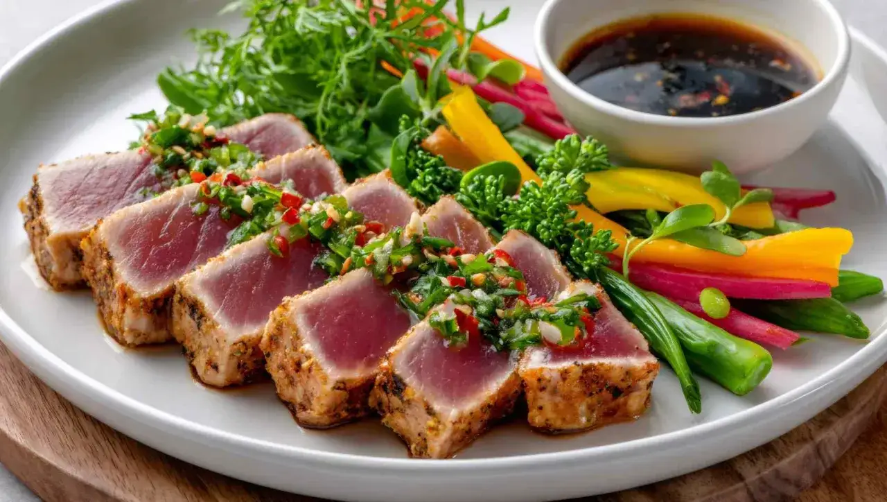 Tataki de atún sellado, con un aderezo fresco de hierbas y chile, acompañado de verduras crujientes y salsa.