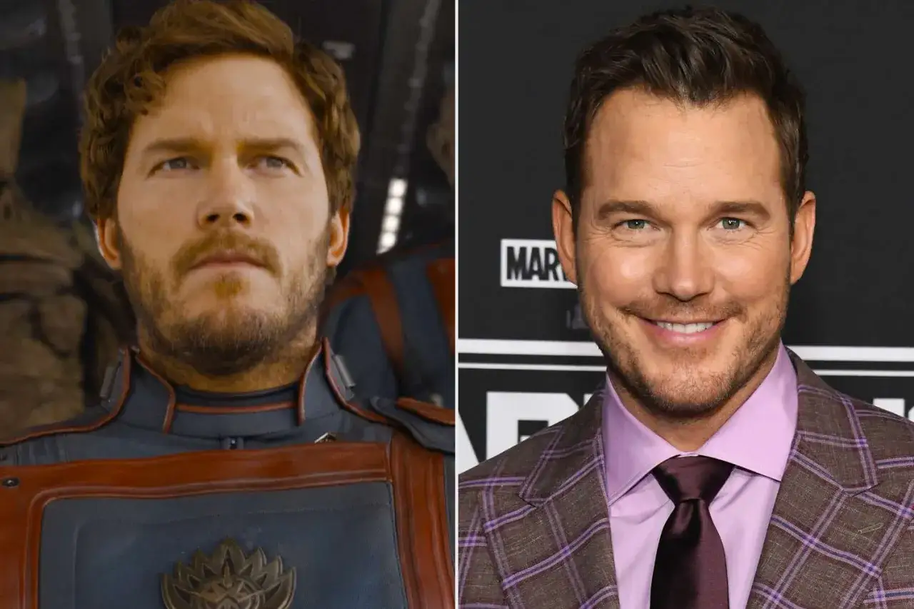 Chris Pratt jako Star-Lord w dwóch odsłonach: w stroju Strażników Galaktyki i na premierze filmu.