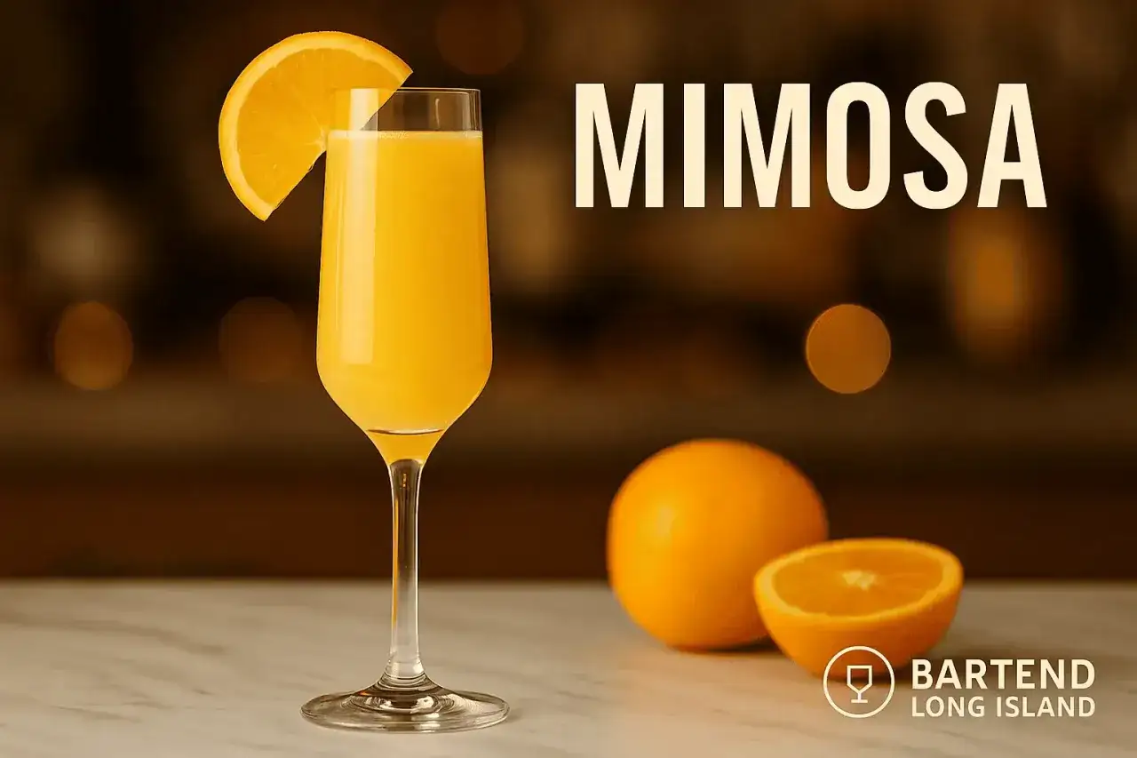Orzeźwiająca mimosa: szampan z sokiem pomarańczowym, ozdobiona plasterkiem pomarańczy. Idealny drink na brunch.