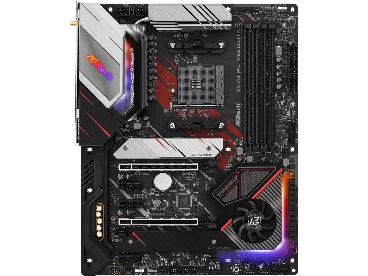 Płyta główna ASRock X570 PG VELOCITA z podświetleniem RGB. Dowiedz się, jak sprawdzić płytę główną, analizując jej komponenty i złącza.