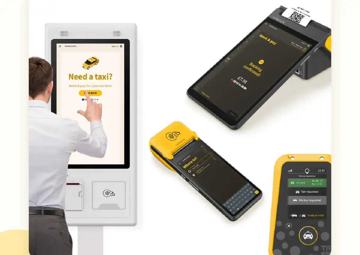 Ein Mann bucht per Touchscreen einen Taxi-Butler. Daneben liegen ein best&auml;tigtes Buchungsger&auml;t und ein mobiles Terminal.