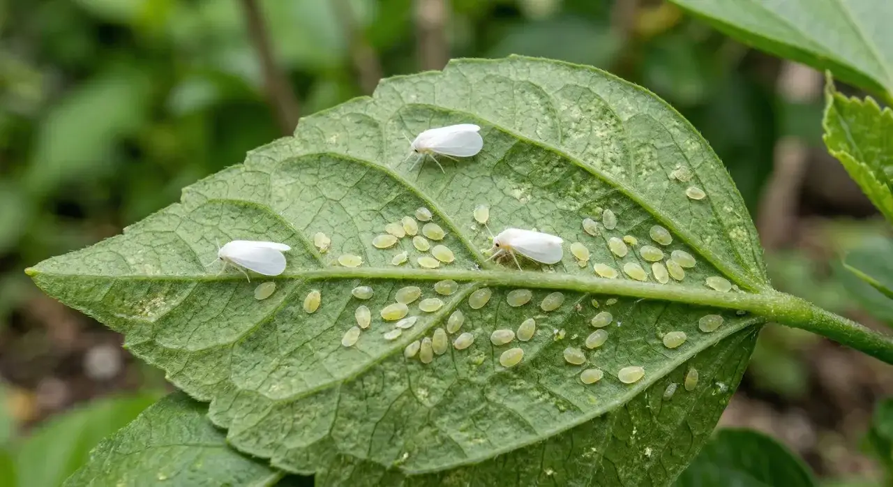 Piccola colonia di mosca bianca, un tipo di cocciniglia, su una foglia verde. Le piante sono sotto attacco.