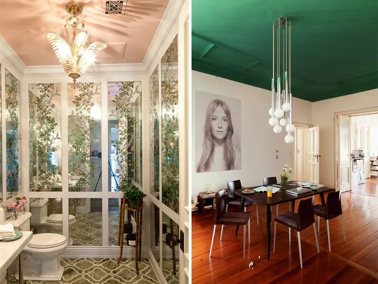 Bagno con soffitto rosa e sala da pranzo con soffitto verde smeraldo. Idee pittura soffitto audaci per trasformare ogni ambiente.