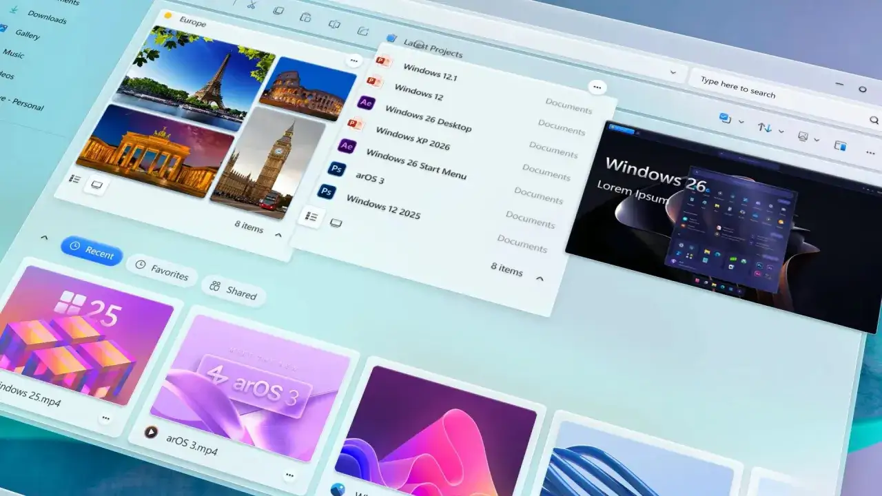 Interfejs systemu operacyjnego, przypominający Windows 12, z listą ostatnich projektów, w tym