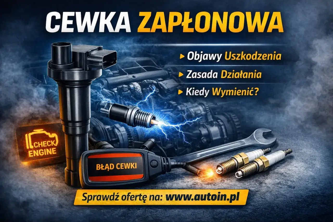 Jak sprawdzić cewkę zapłonową? Obraz przedstawia cewkę, świecę zapłonową z iskrą, klucz i kontrolkę