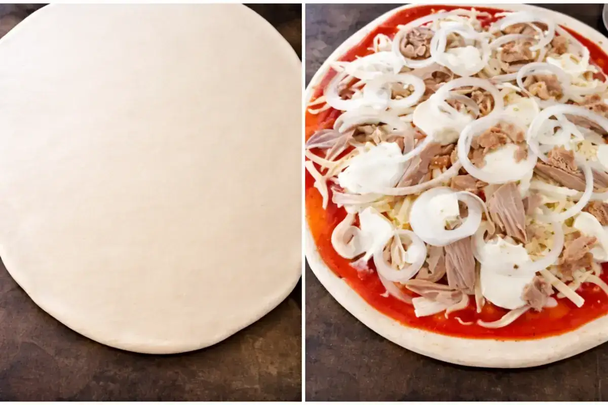 Dwa etapy przygotowania: surowe ciasto i pizza z tuńczykiem, serem, cebulą i sosem pomidorowym.