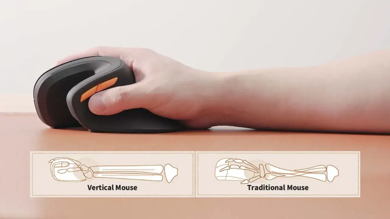 Main souris verticale vs. traditionnelle. La main repose naturellement sur la souris verticale, contrairement &agrave; la torsion du poignet avec la souris traditionnelle.