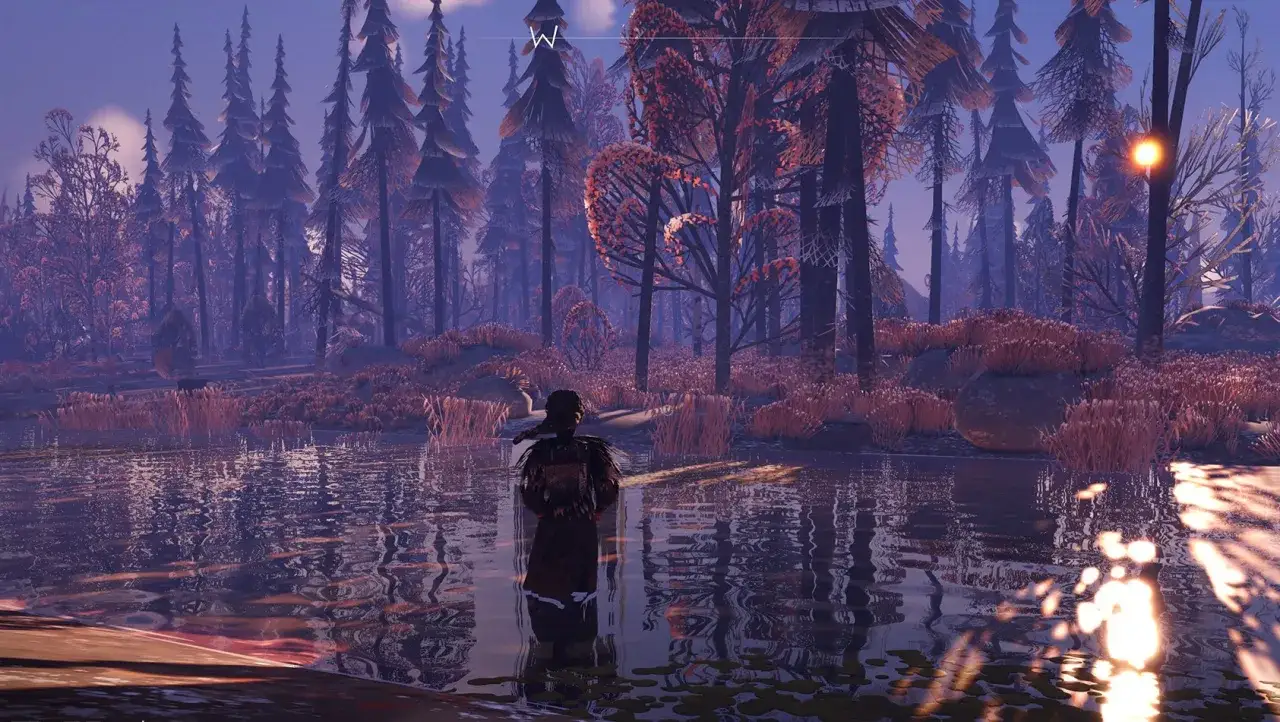Una figura se adentra en un lago helado, rodeada de un bosque de pinos y &aacute;rboles de hoja caduca en tonos p&uacute;rpuras y naranjas. El reflejo del sol ilumina el agua, evocando la atm&oacute;sfera de Assassin's Creed Hexe.