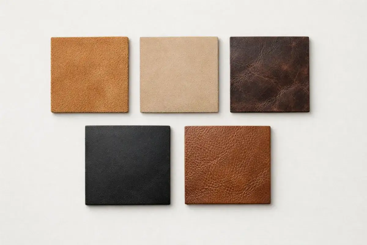 Cinq &eacute;chantillons de cuir : deux en nubuck (un brun clair, un beige), un en cuir lisse noir, et deux en cuir grain&eacute; (un brun fonc&eacute;, un brun clair).