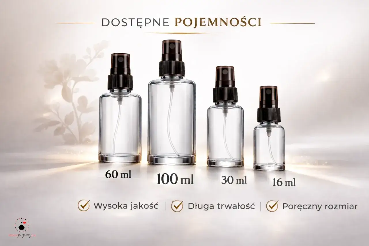 Elegancki perfum 30 ml w szklanej buteleczce z atomizerem, obok innych pojemności. Wysoka jakość, długa trwałość, poręczny rozmiar.