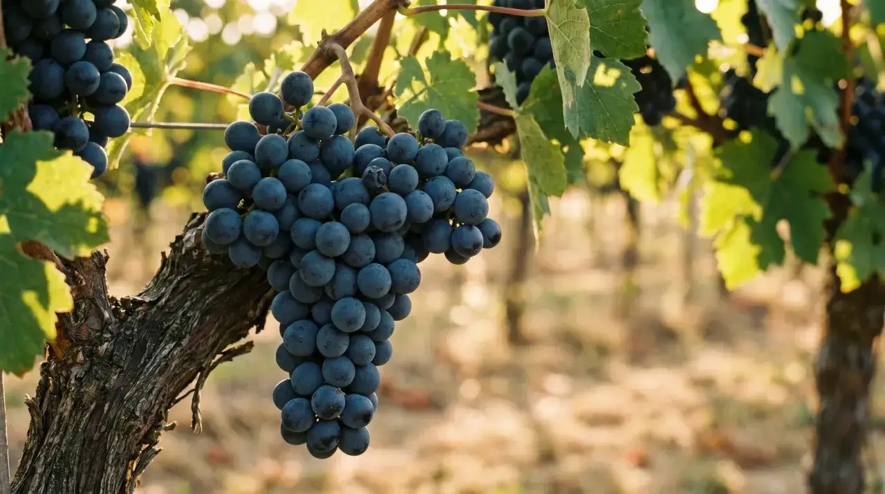 Reife, dunkle Trauben h&auml;ngen an einem alten Rebstock. Sie sind bereit f&uuml;r die Ernte, um einen exzellenten Bordeaux Cuv&eacute;e zu keltern.