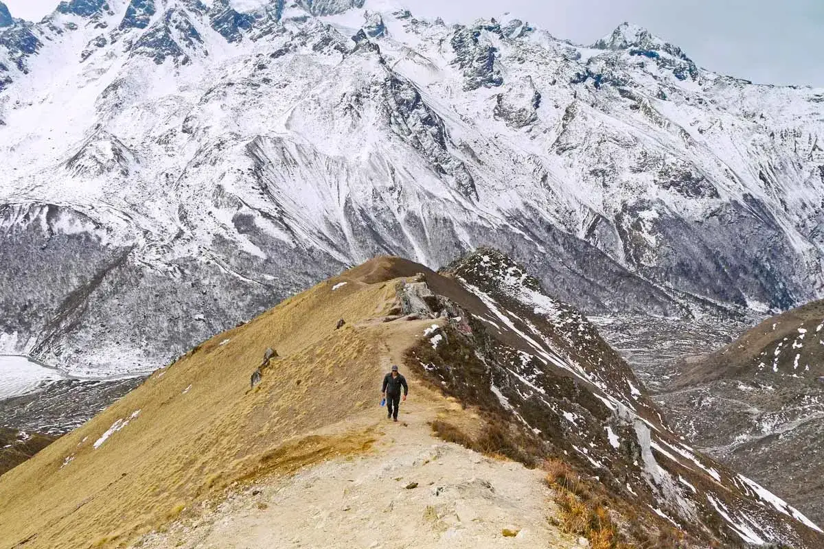 Un randonneur solitaire sur un sentier &eacute;troit, dominant une vall&eacute;e enneig&eacute;e. Un paysage spectaculaire du Langtang Trek.