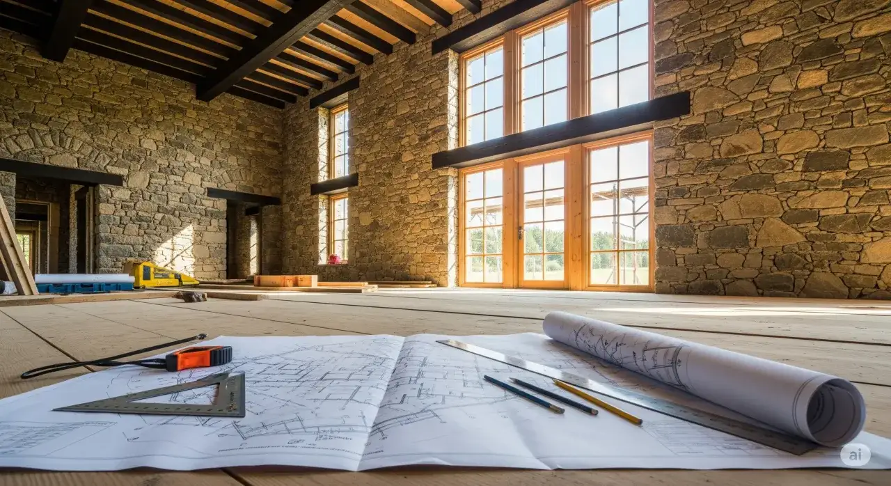 Planos de casa de aperos como vivienda, con paredes de piedra, vigas de madera y grandes ventanales.