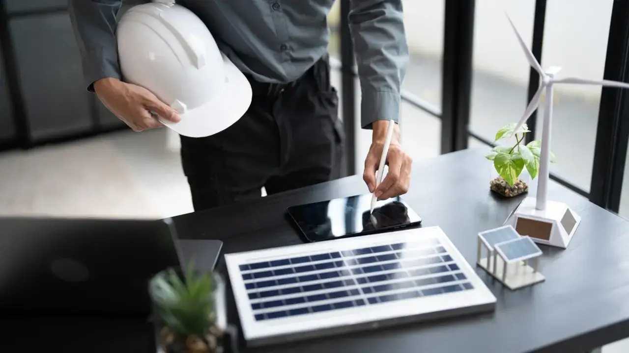 Inżynier planuje m&oacute;j prąd dla firm, analizując modele paneli słonecznych i turbiny wiatrowej na tablecie.